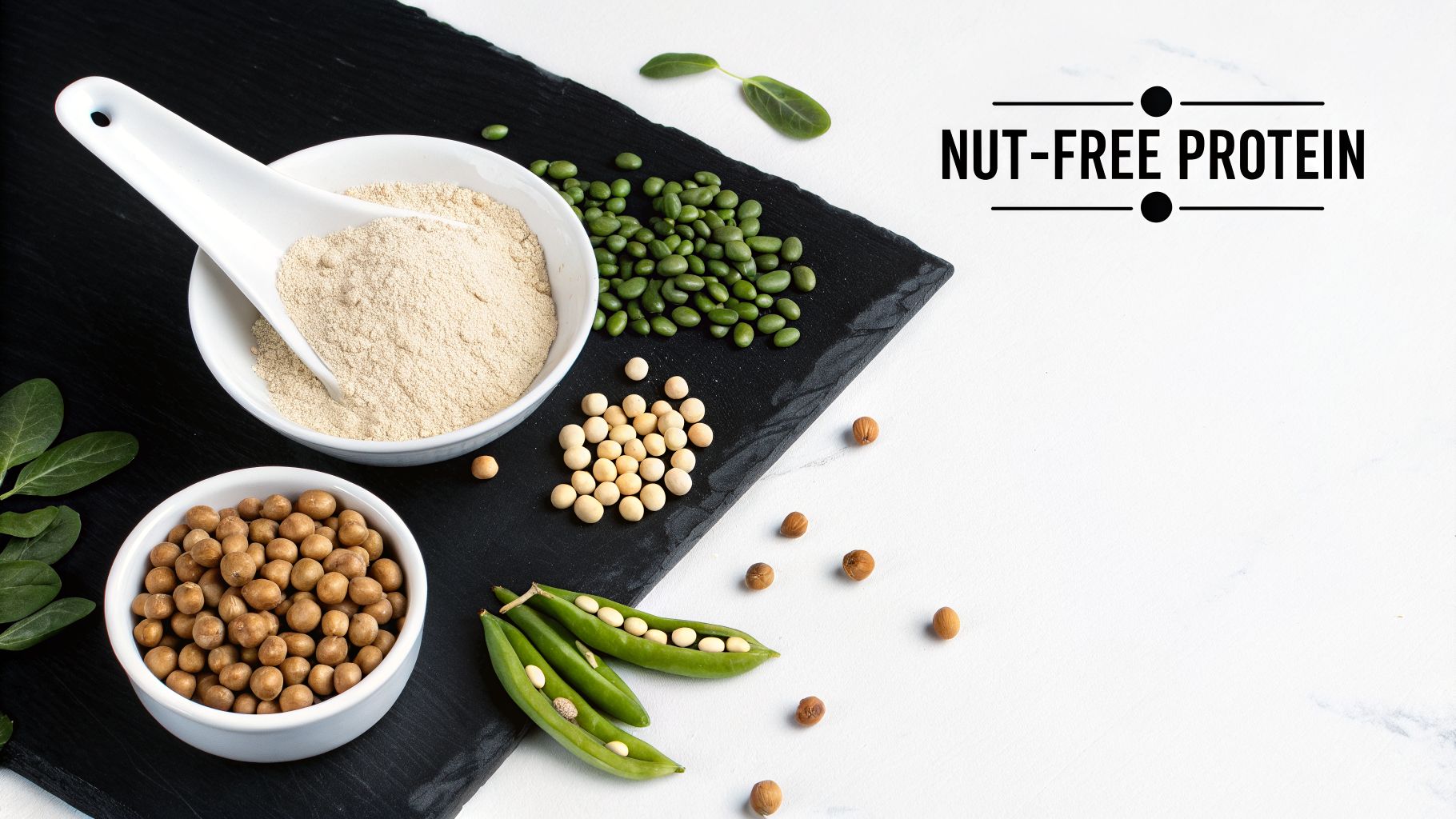 Nut-free protein sources displayed on a black slate: pea protein powder, soybeans, chickpeas, and green peas.