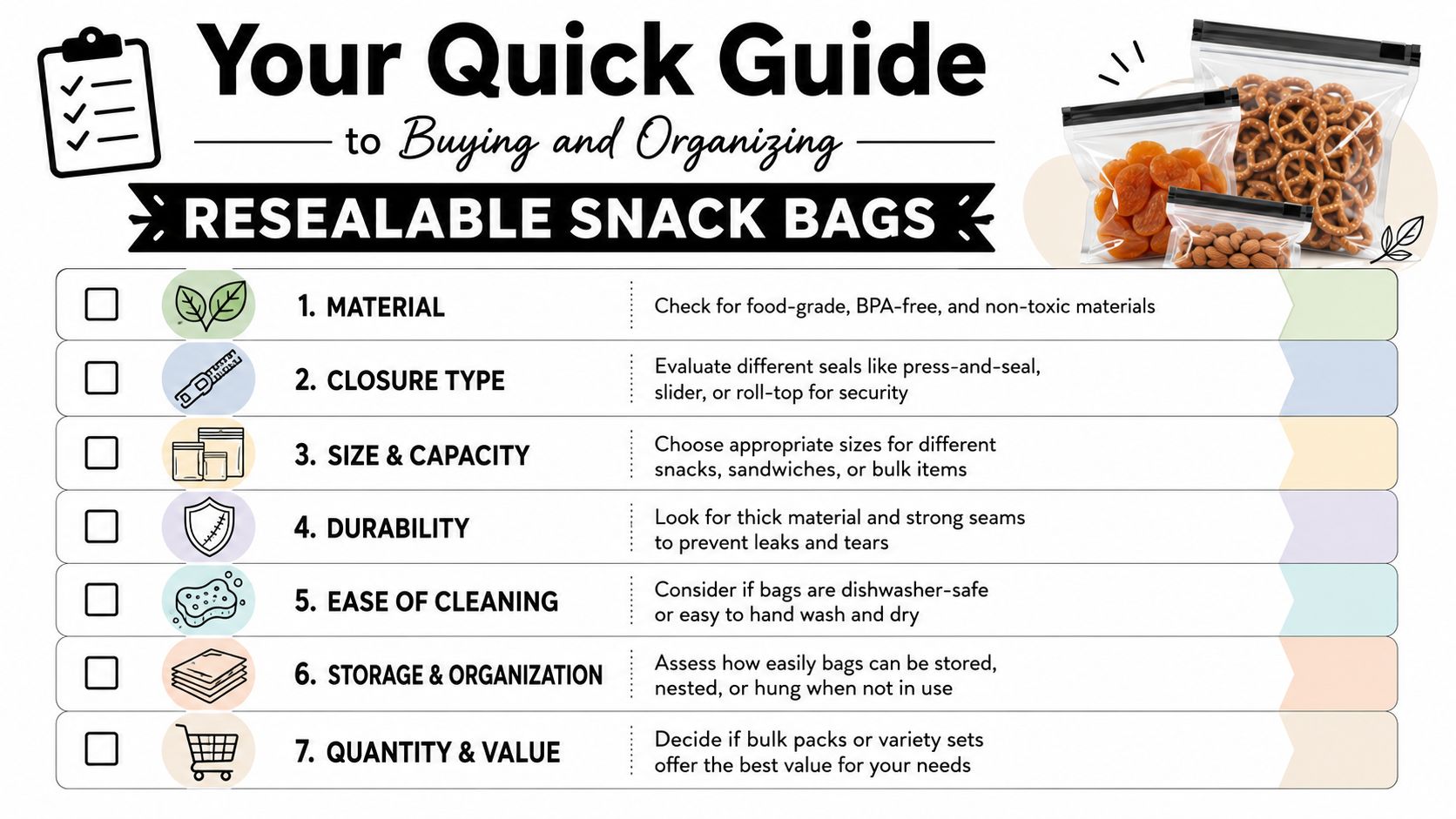 A quick guide checklist for buying and organizing reusable resealable snack bags with seven essential tips.