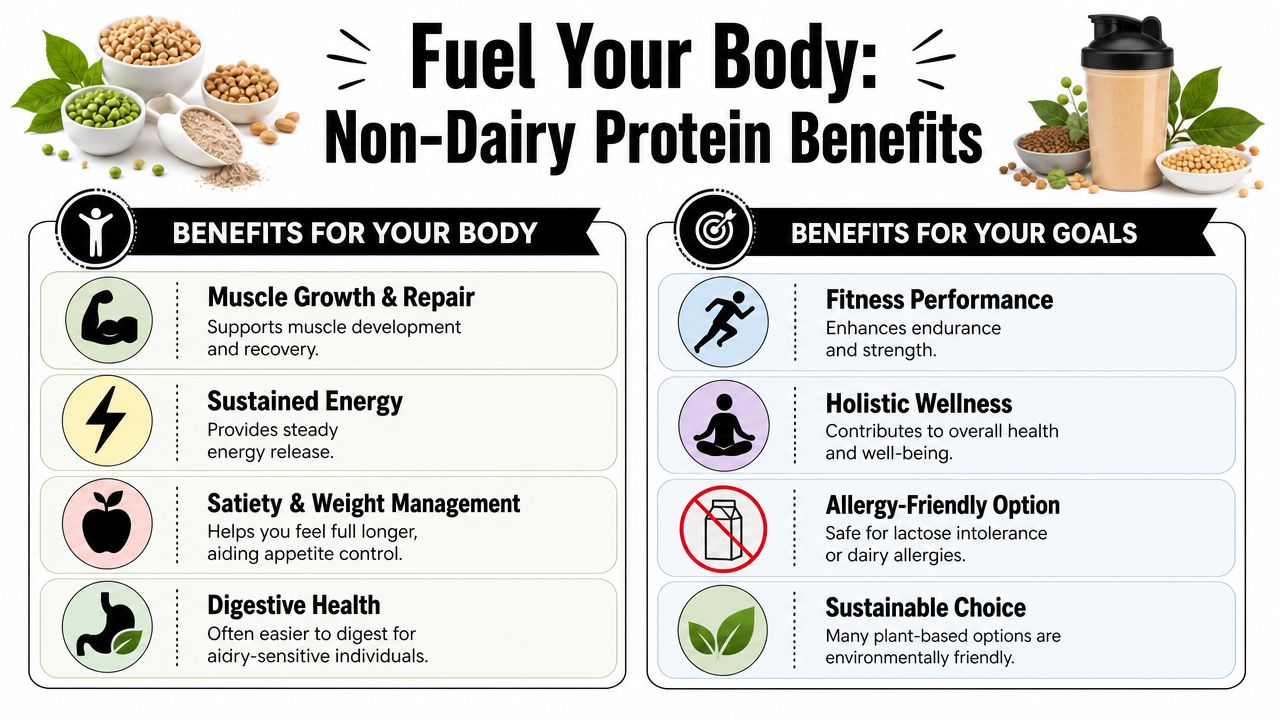 An infographic detailing the health and fitness benefits of consuming non-dairy plant-based protein sources.