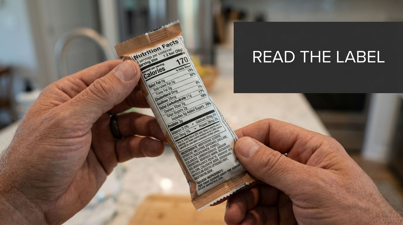 A close-up view of a person holding a protein snack bar while reading the nutrition facts label.