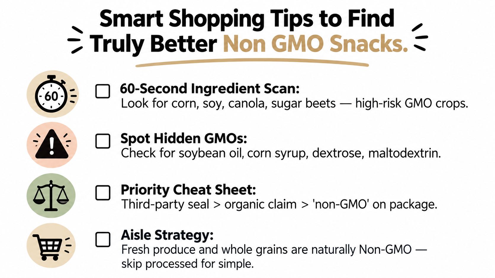 A list of four smart shopping tips for identifying truly non-GMO snacks while browsing grocery store shelves.