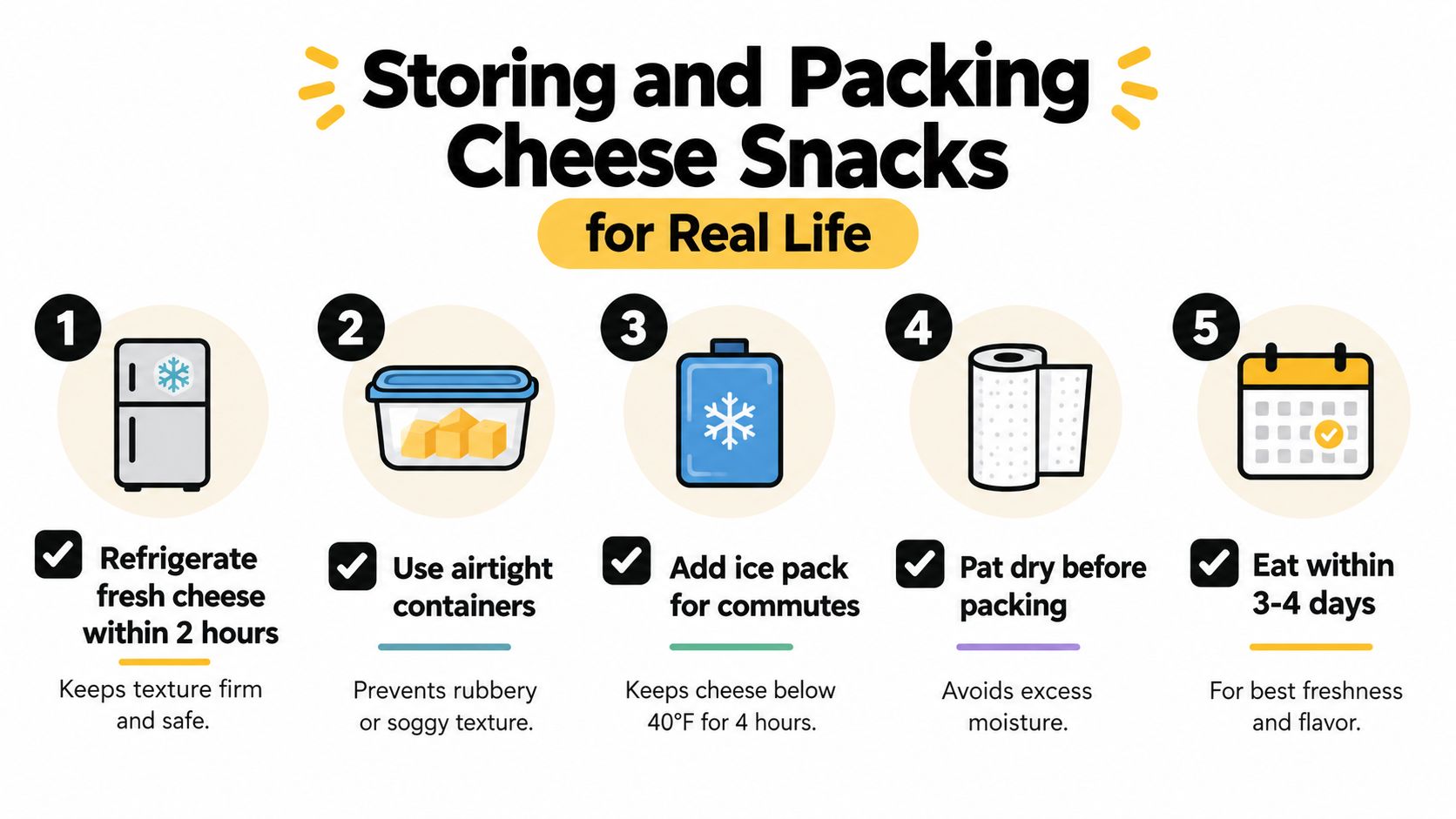 A five-step guide on how to store and pack cheese snacks safely and keep them fresh.