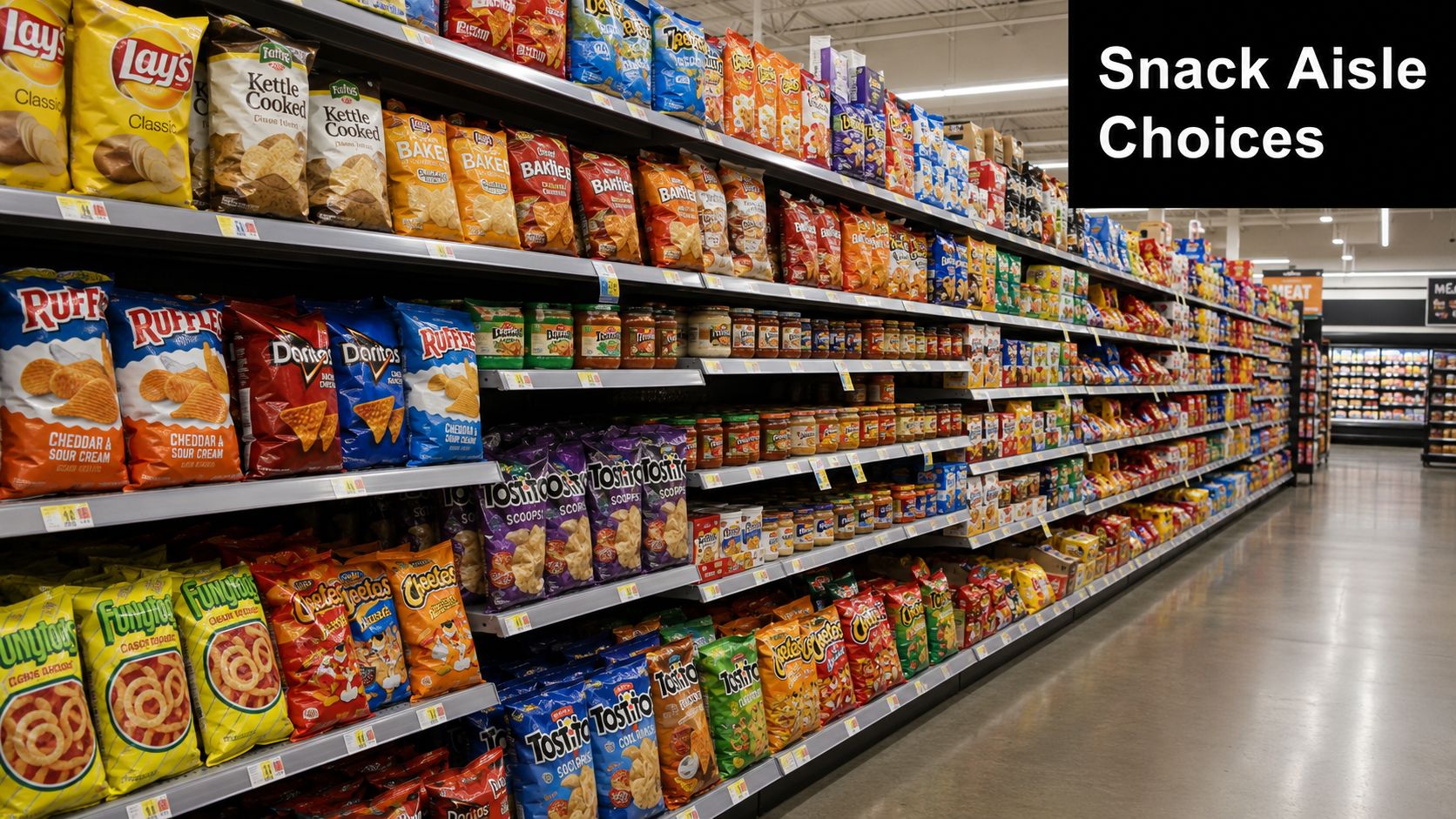 A wide aisle in a grocery store stocked with various colorful bags of potato chips and snacks.