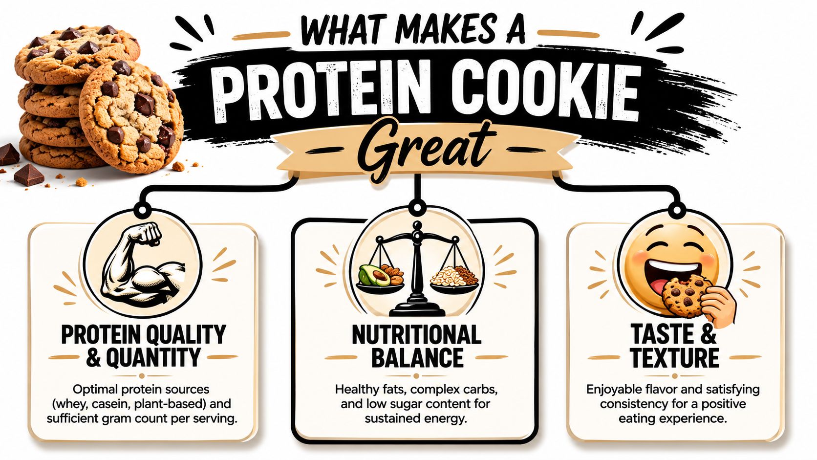 An infographic detailing the three key factors that make a protein cookie great, including quality, balance, and taste.