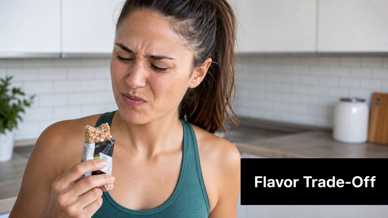 A woman making a disgusted face while eating a granola bar in a bright, modern kitchen.