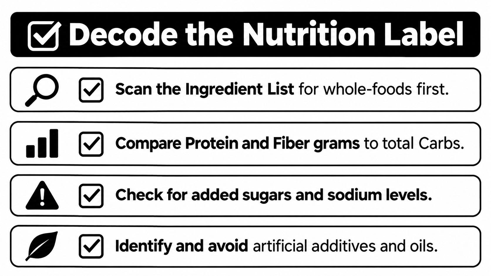 A checklist infographic titled Decode the Nutrition Label providing four essential tips for evaluating packaged food labels.