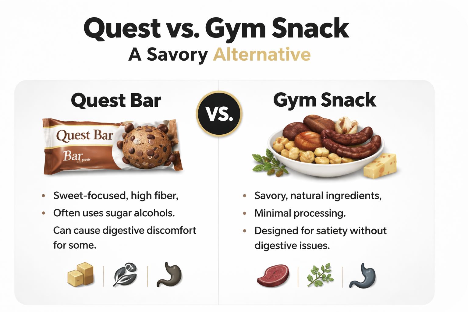 A comparison infographic between a processed Quest Bar and a natural savory gym snack alternative.