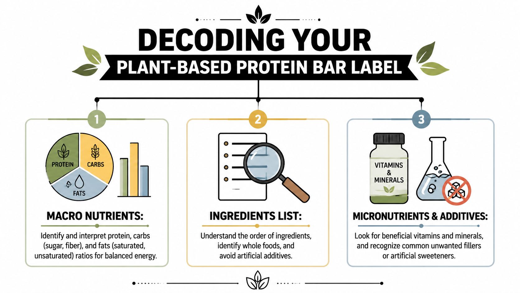 An infographic titled Decoding Your Plant-Based Protein Bar Label featuring steps to analyze macros, ingredients, and additives.