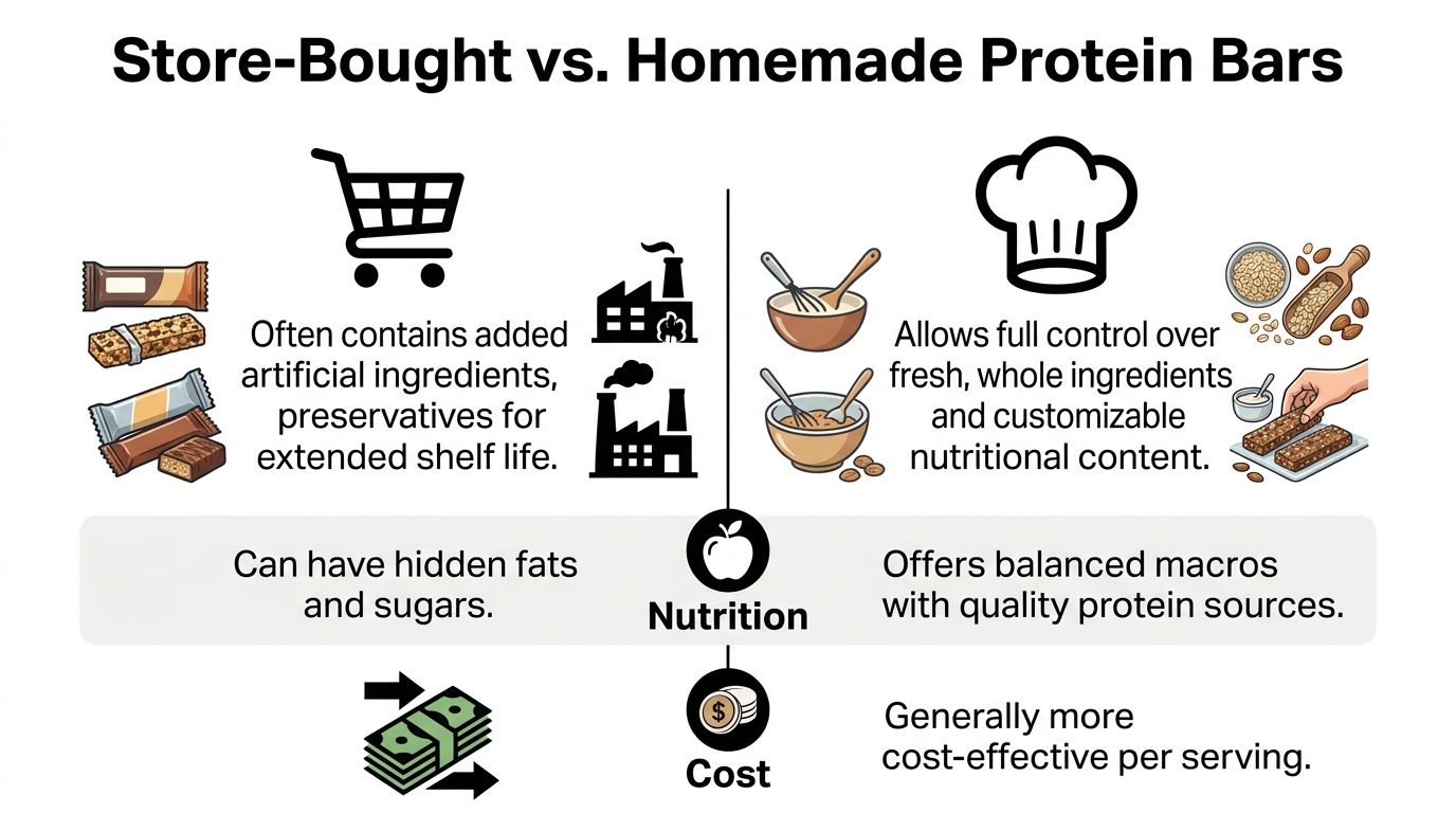 A comparison infographic between store-bought and homemade protein bars highlighting differences in nutrition and cost.