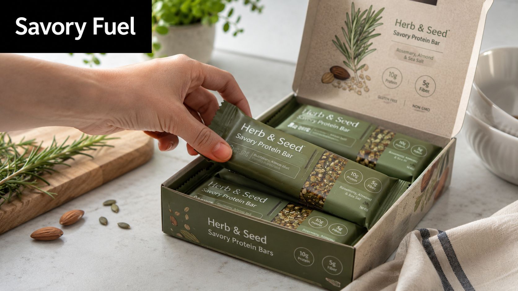 A hand reaching for a Herb and Seed savory protein bar from a box of snacks.