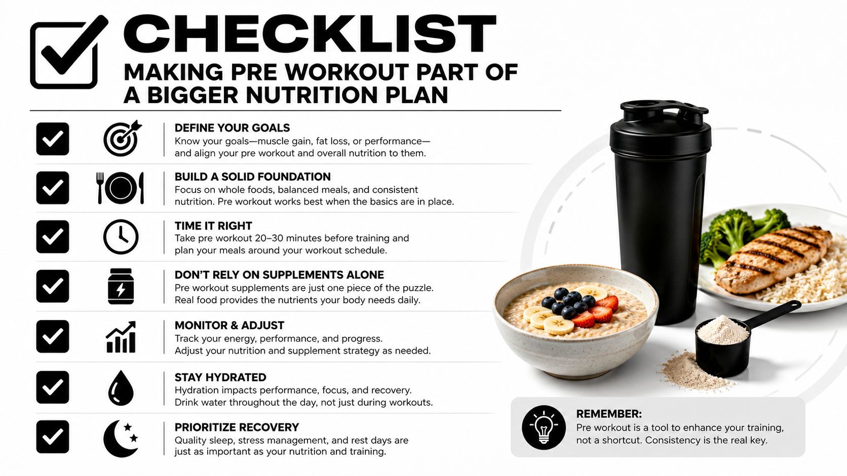 A checklist infographic illustrating tips for incorporating pre workout supplements into a balanced nutrition and training plan.