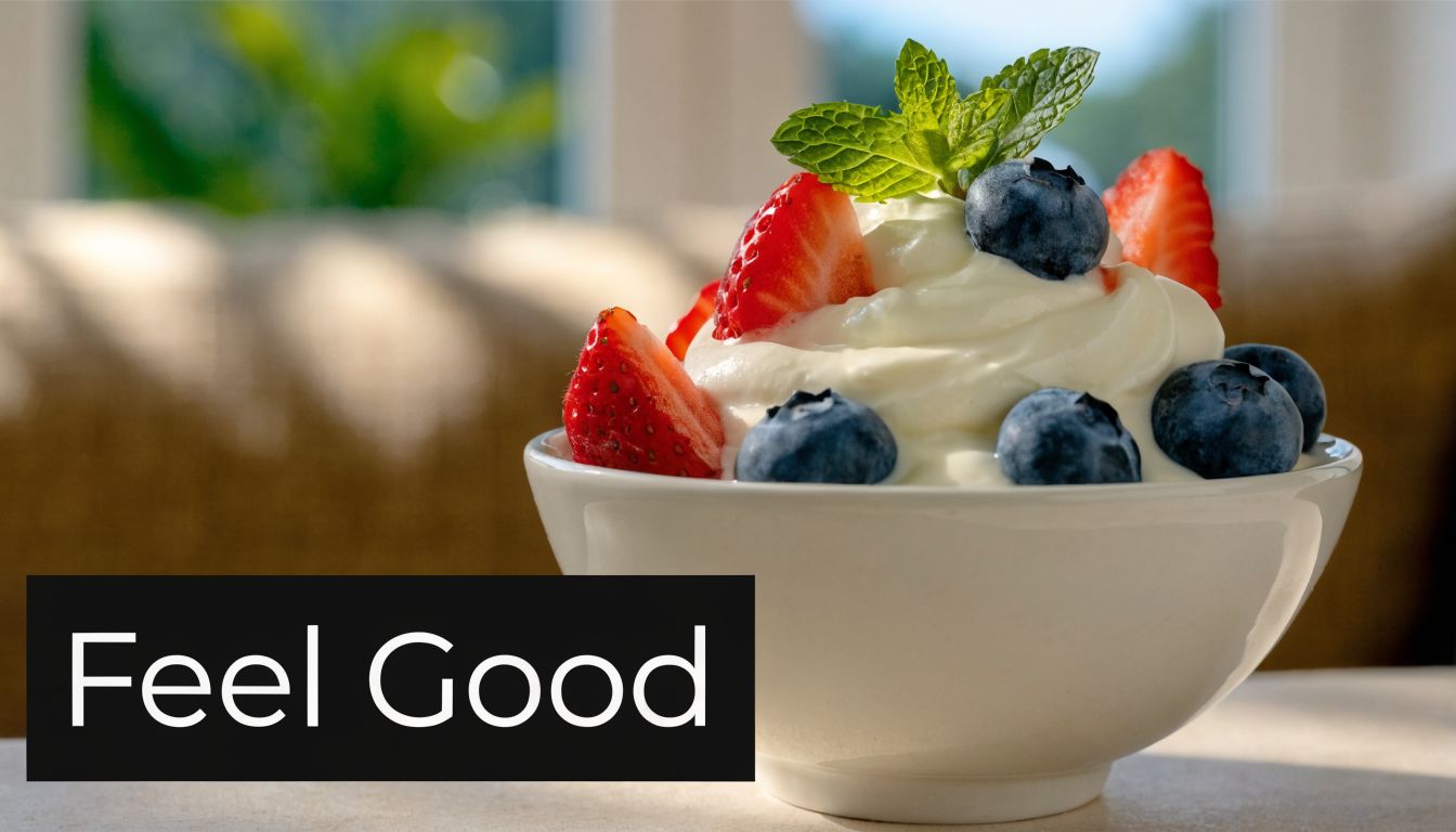 A white bowl filled with creamy yogurt topped with fresh sliced strawberries and blueberries and mint.