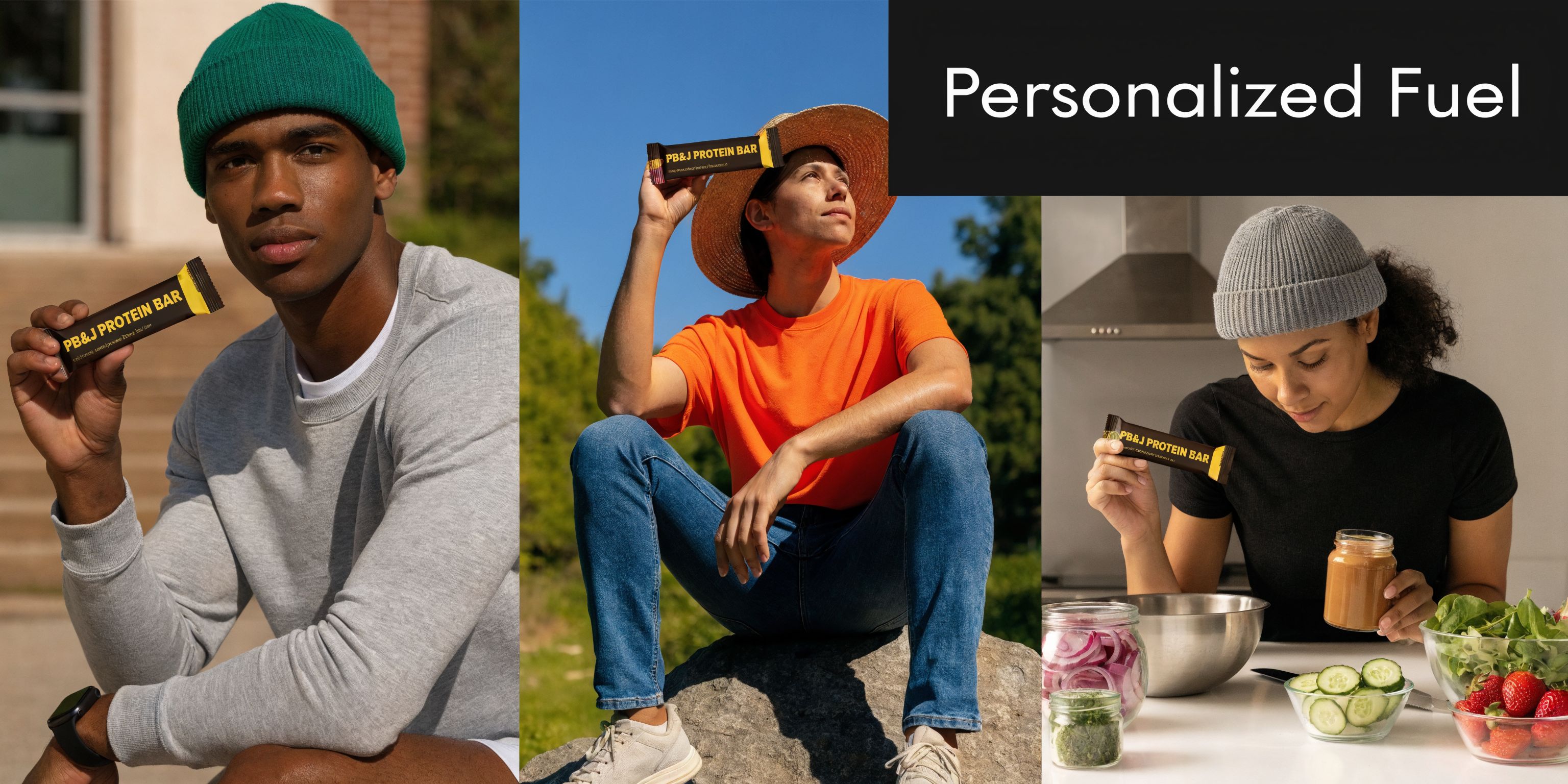 A collage showing three diverse people holding and interacting with PB&J protein bars in different settings.