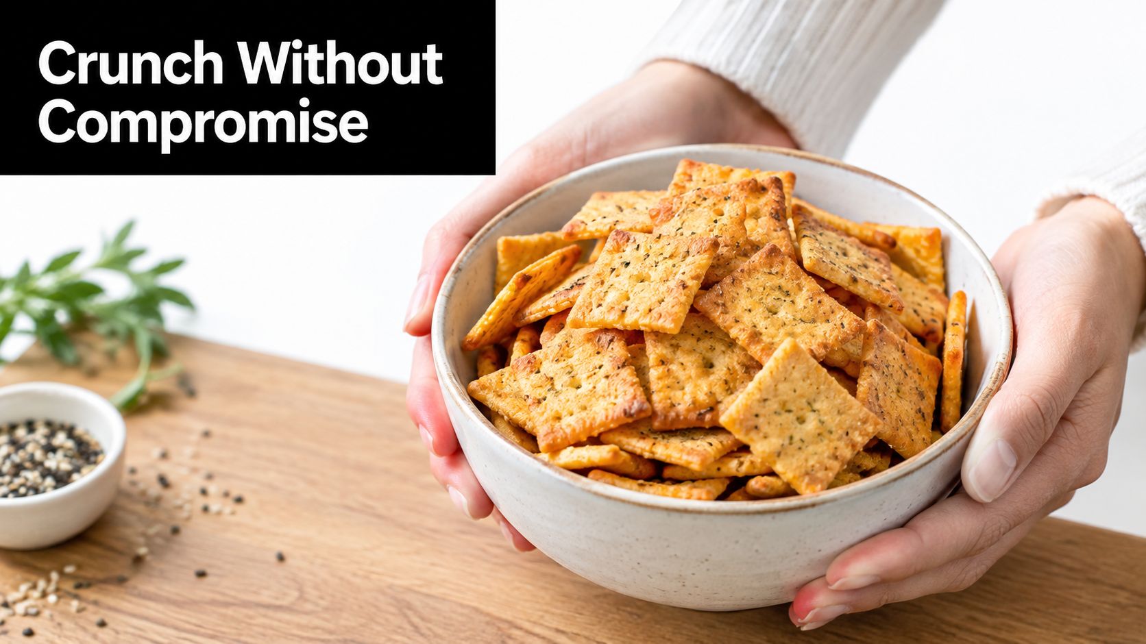 A person holding a bowl of seasoned square gluten free crackers with a small bowl of seeds nearby.