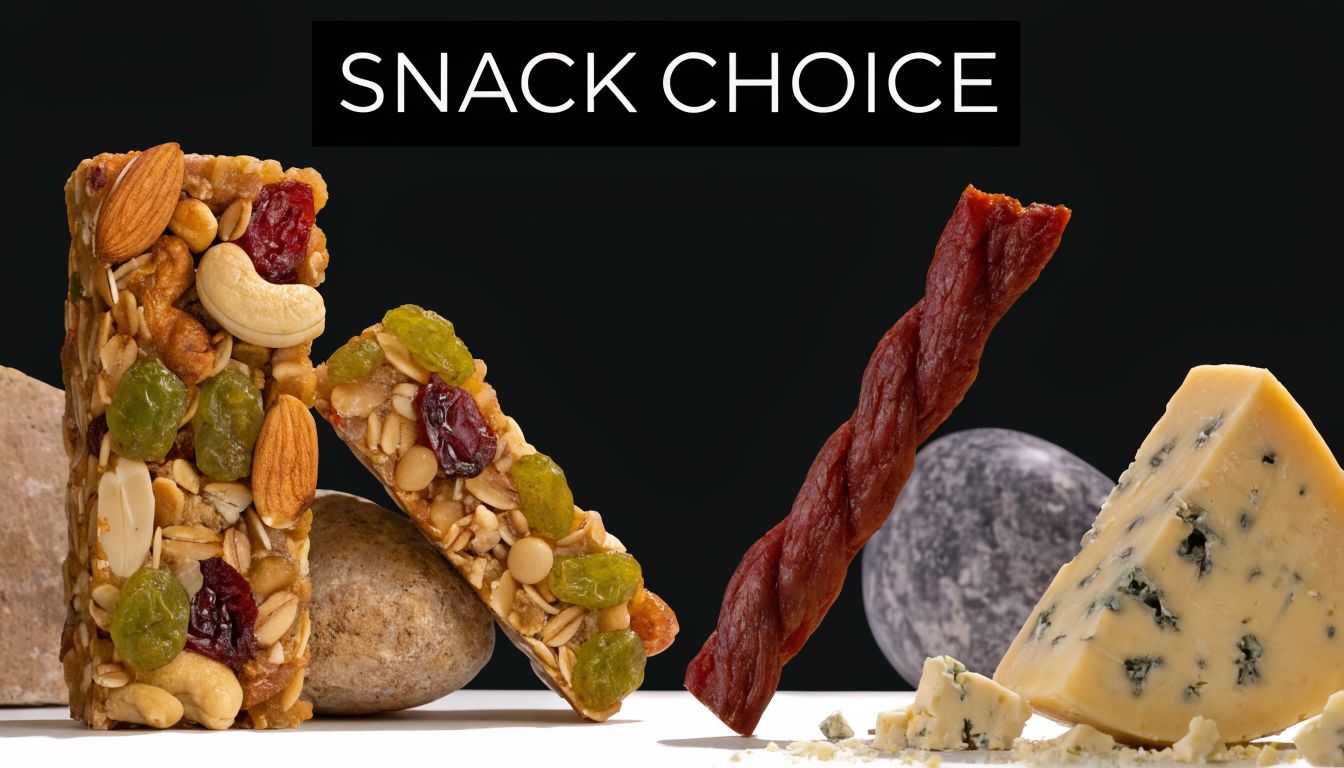 A display featuring granola bars, a meat snack stick, and a wedge of blue cheese on stone.