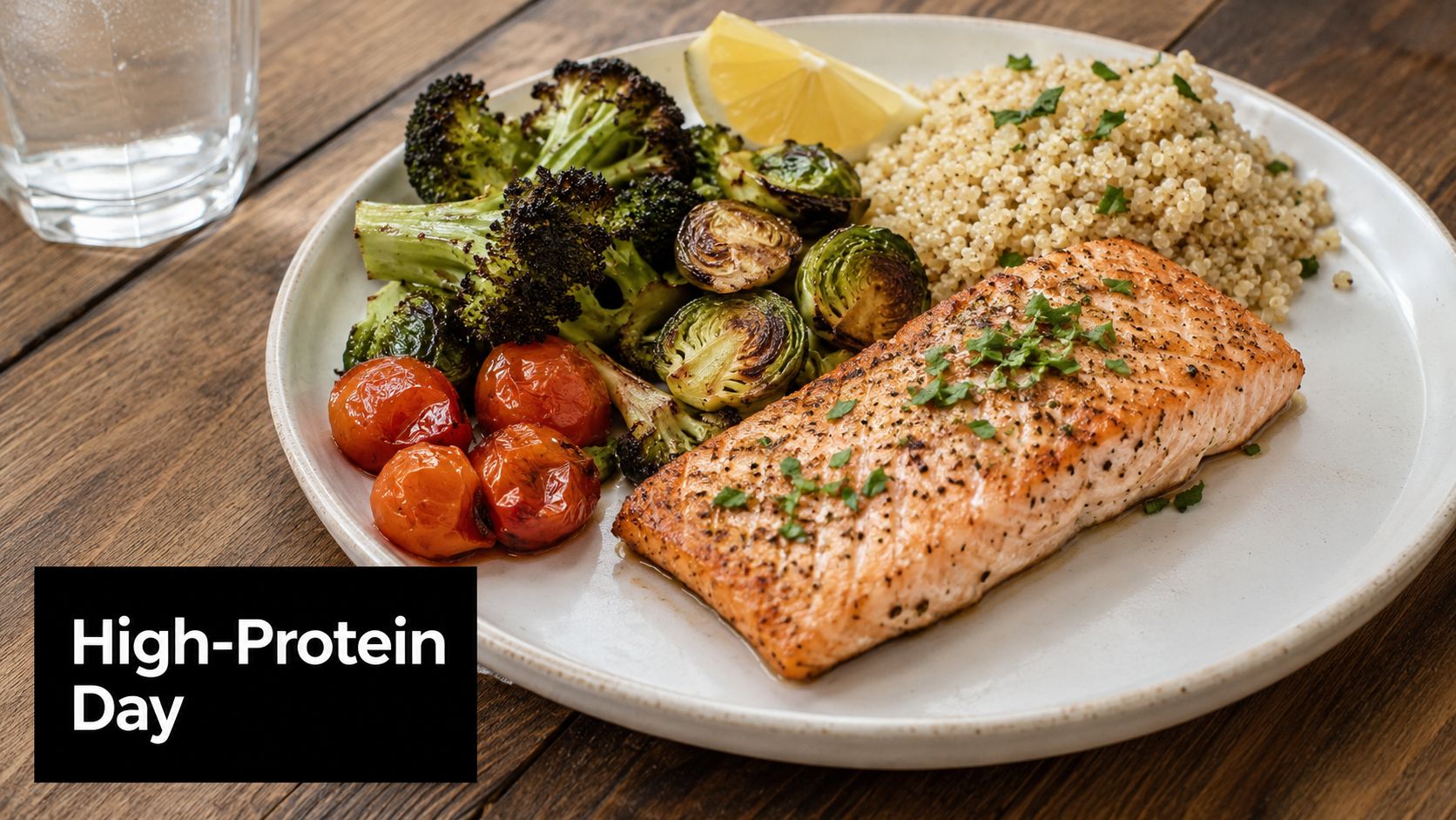 A healthy plate featuring a grilled salmon fillet with quinoa, roasted broccoli, brussels sprouts, and cherry tomatoes.