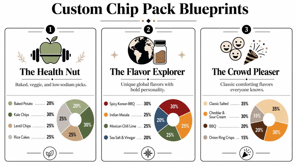 An infographic displaying three distinct categories of custom snack chip packs with flavor percentage breakdowns.