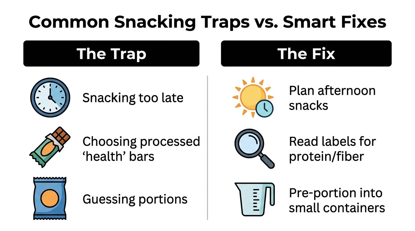 A comparison chart showing common unhealthy snacking habits and simple, effective solutions for better nutritional choices.