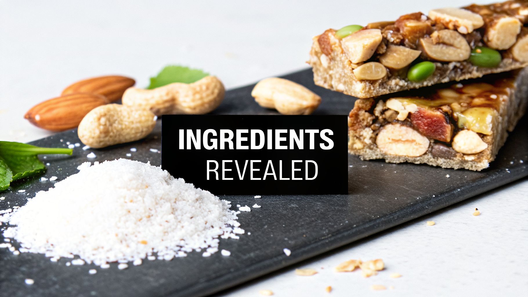 Nut protein bars with almonds, peanuts, dried fruit, and ingredients, featuring 'INGREDIENTS REVEALED' text.