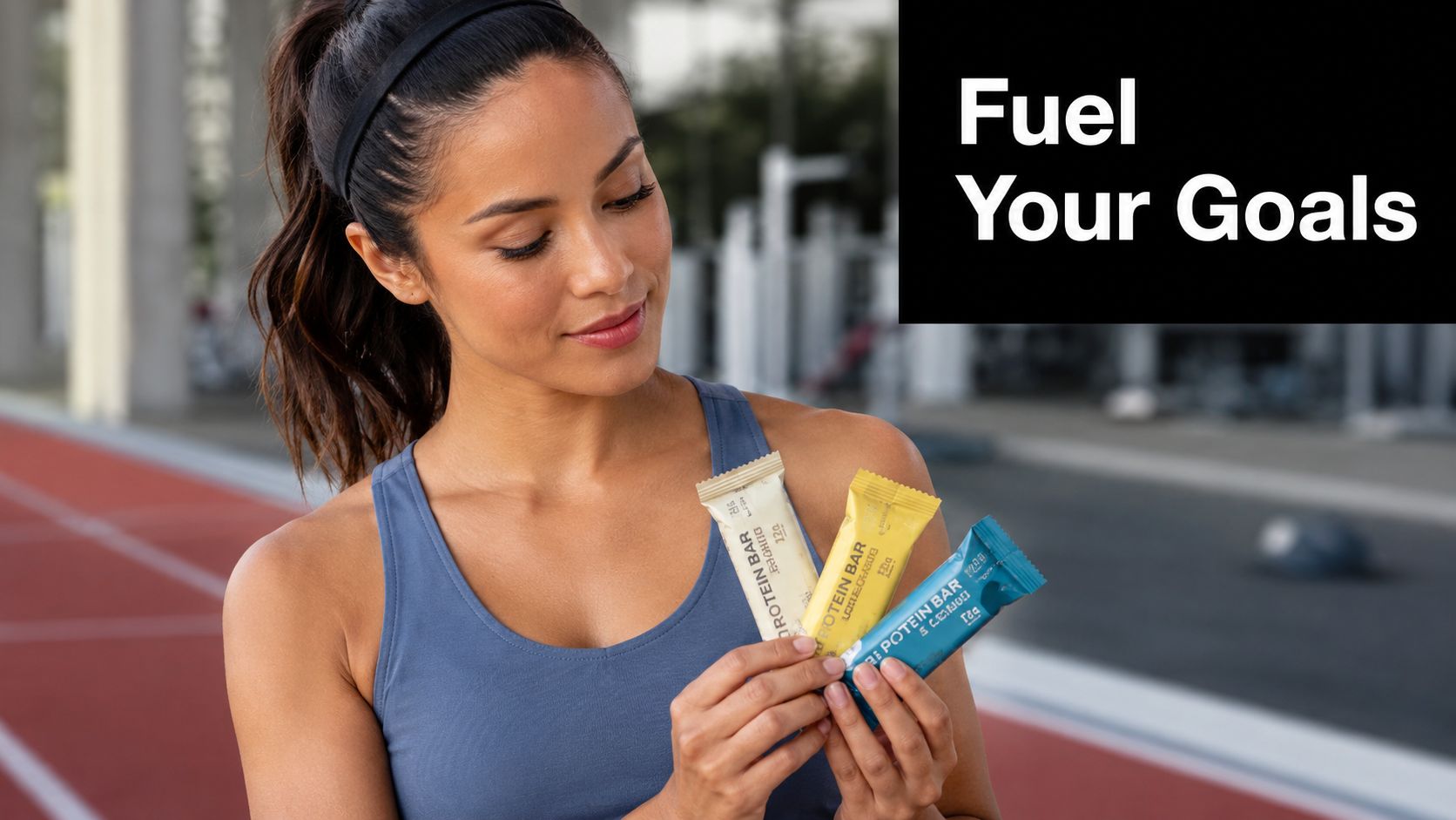 A fit woman in athletic wear holding three colorful non-chocolate protein bars in a gym setting.