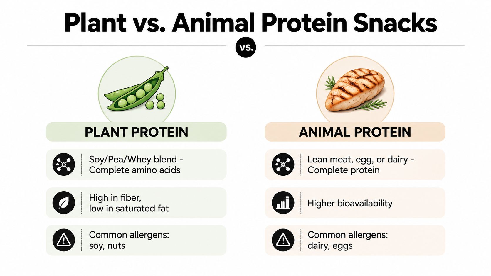 A comparison infographic showing the nutritional differences and characteristics between plant-based and animal-based protein snacks.