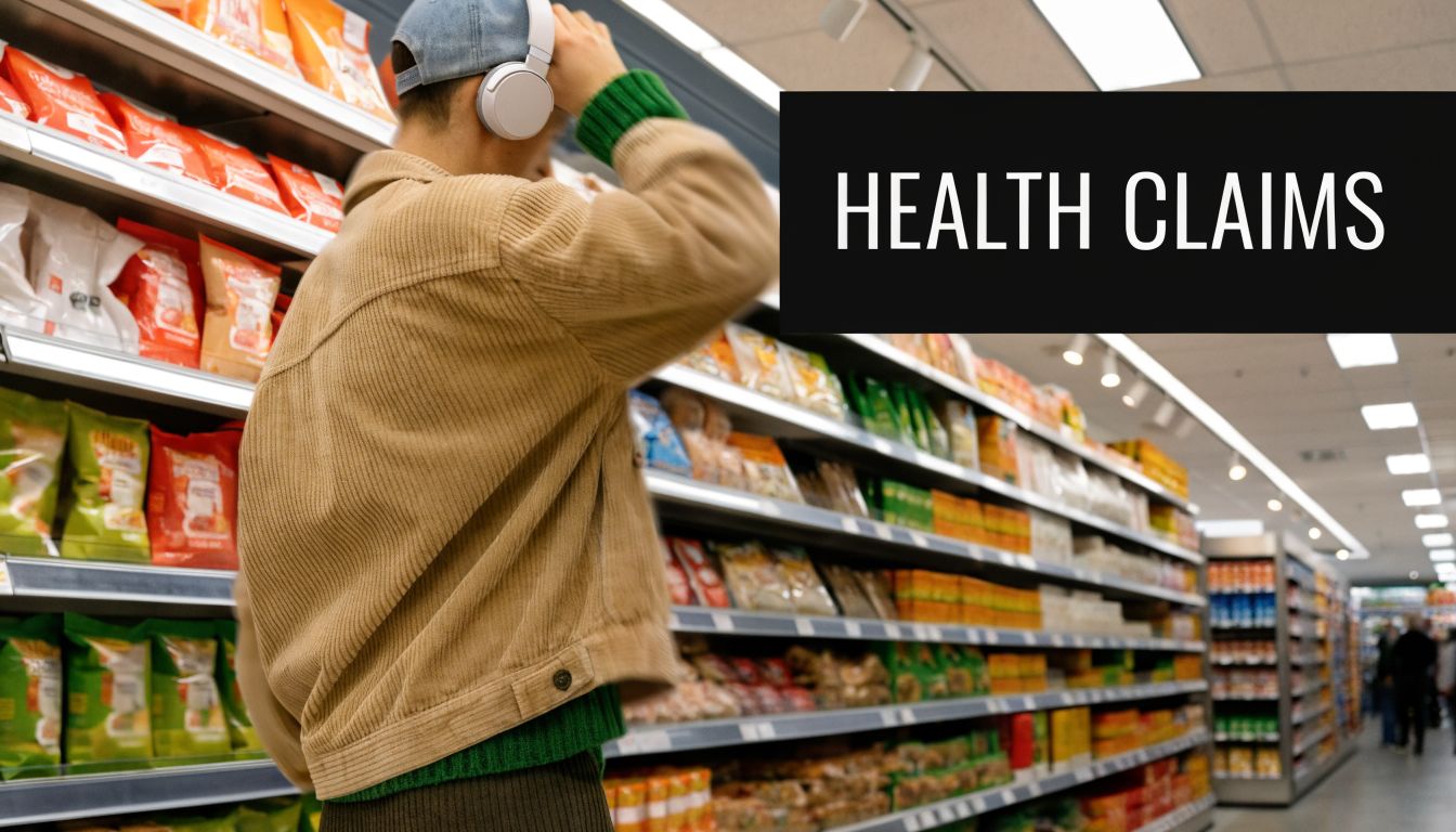 A person in a grocery store aisle looking at various food products while wearing headphones.