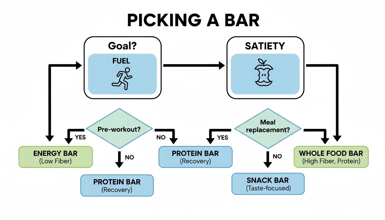A flowchart guiding the selection of a nutrition bar based on fueling needs or satiety goals.