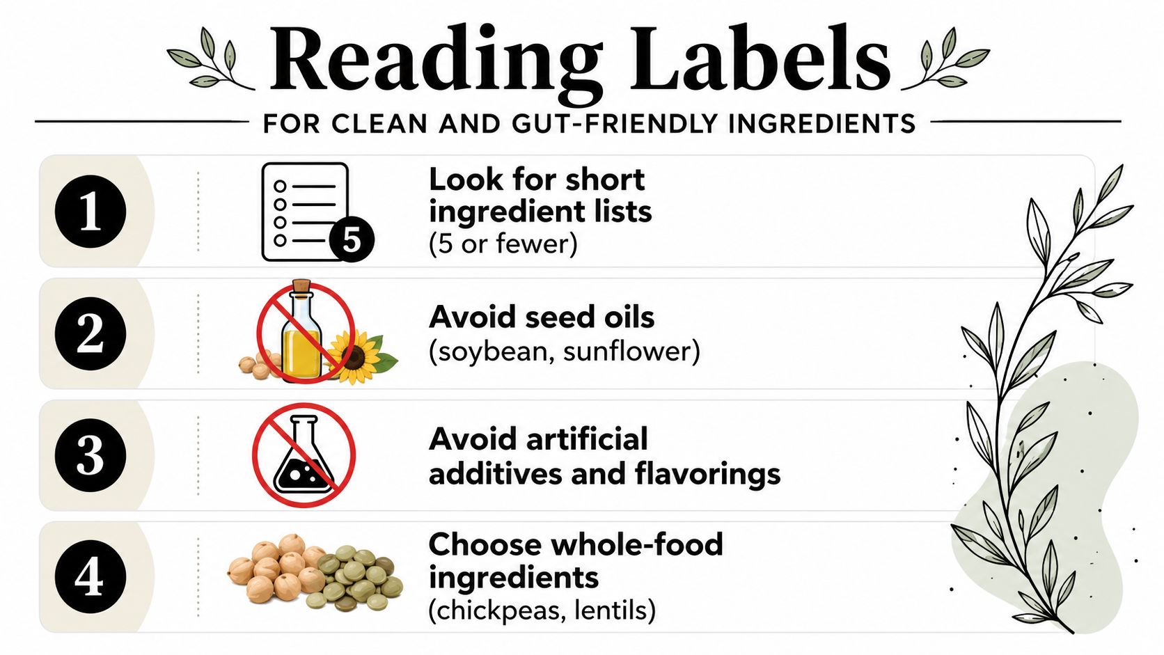 An infographic titled Reading Labels for Clean and Gut-Friendly Ingredients, illustrating four simple steps for healthy eating.