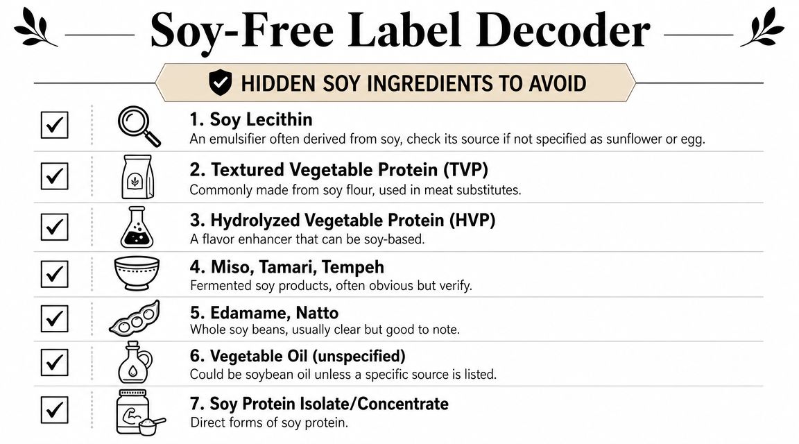 A list of seven common soy-based ingredients to avoid for people following a soy-free diet.