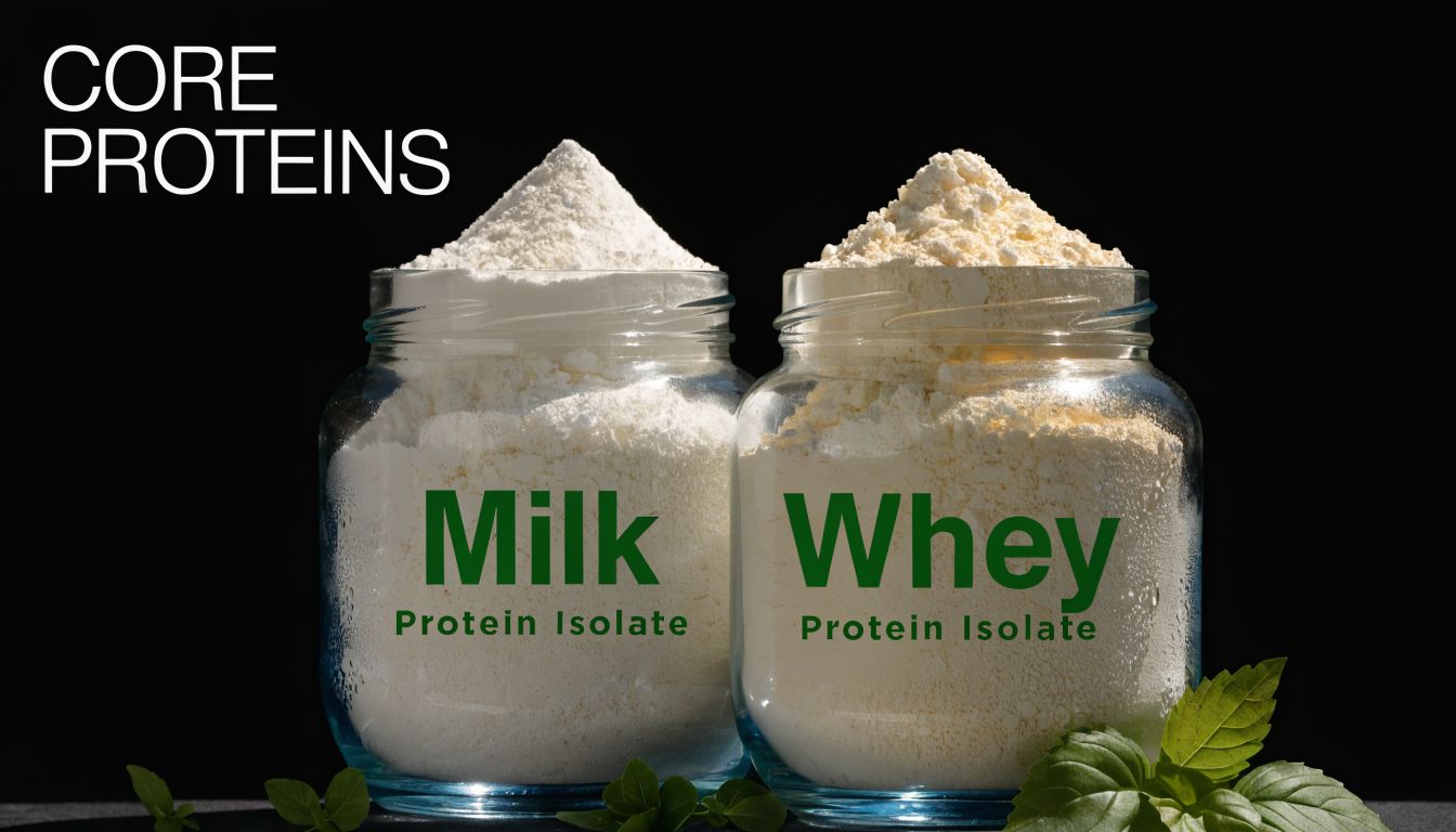Two glass jars filled with white protein powder labeled as Milk Protein Isolate and Whey Protein Isolate.