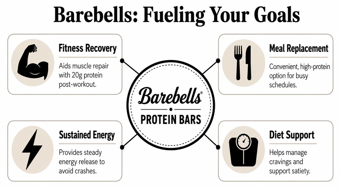 A graphic showing Barebells protein bar benefits for fitness recovery, meal replacement, sustained energy, and diet support.