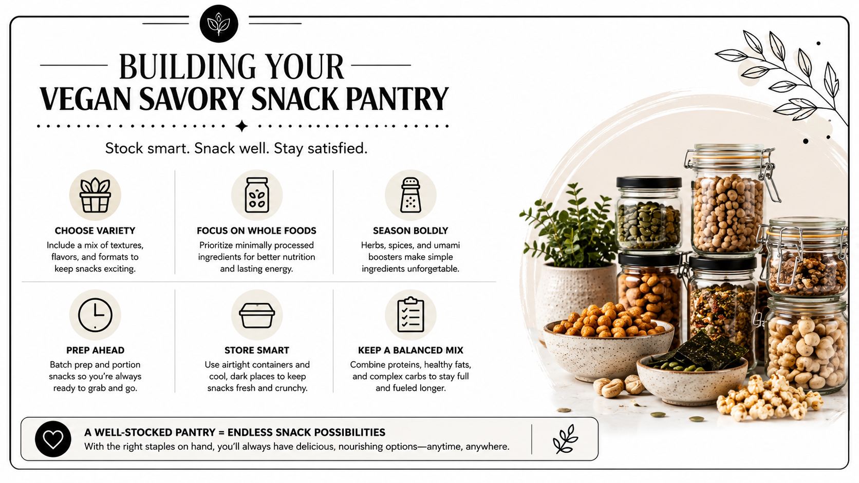 An infographic on building a vegan savory snack pantry with tips on healthy, plant-based snacking habits.
