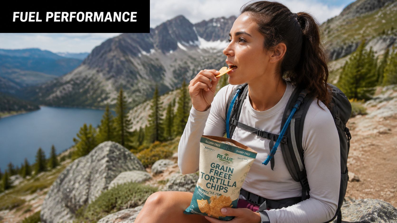 A woman eating gluten-free dairy-free tortilla chips while hiking in the scenic mountains near a lake.
