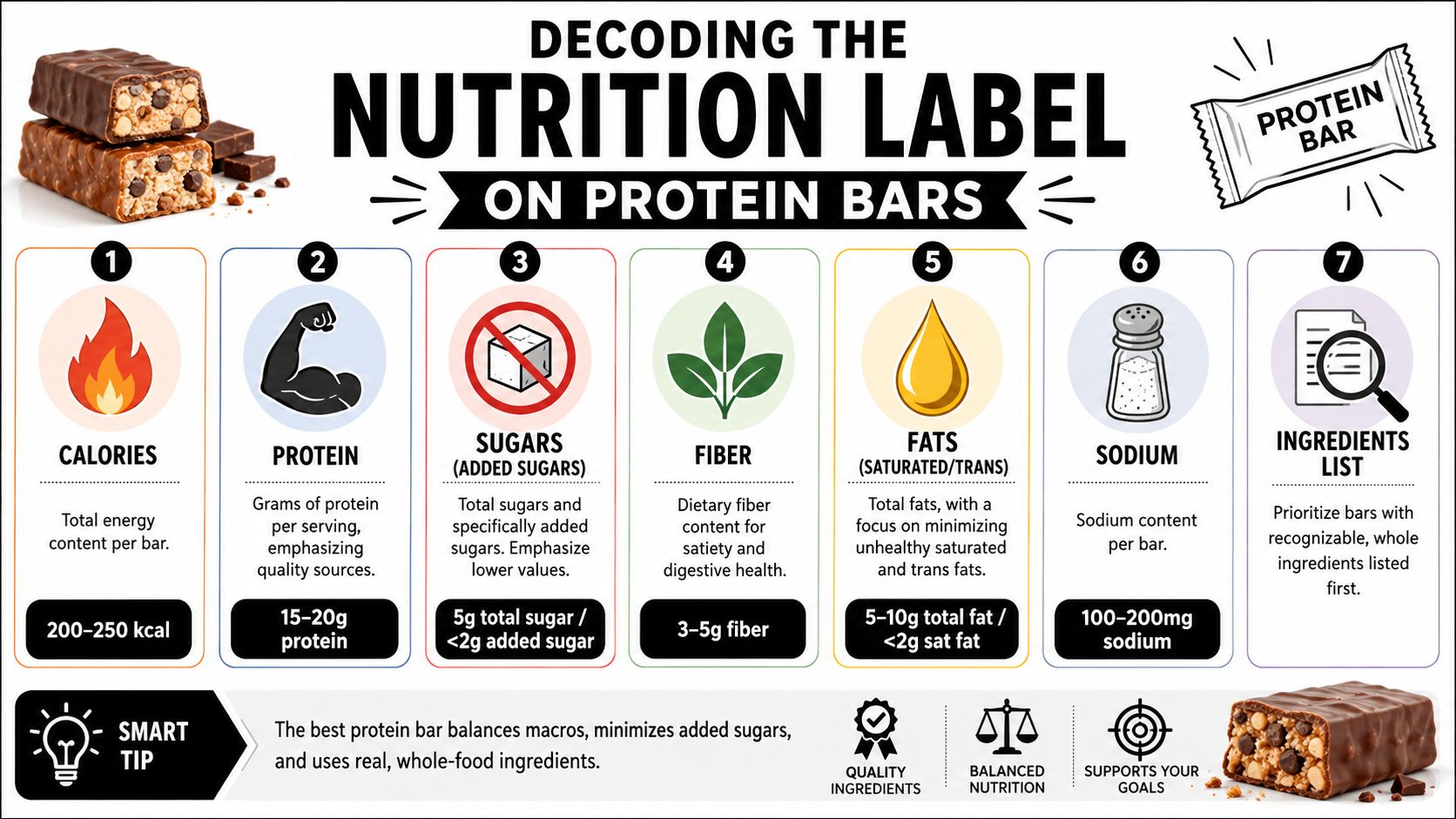 An infographic titled Decoding the Nutrition Label on Protein Bars with seven tips for selecting healthy snacks.