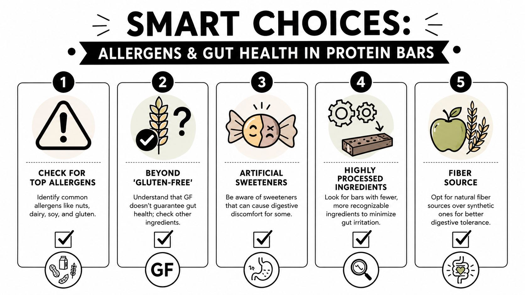 A five-step guide on choosing gut-friendly protein bars by checking for allergens, additives, and ingredient quality.