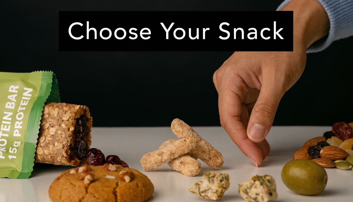 A hand reaching for a healthy snack from a variety of nutritious food options on a table.