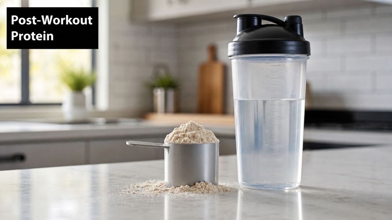 A scoop of protein powder sits next to a shaker bottle filled with water on a counter.