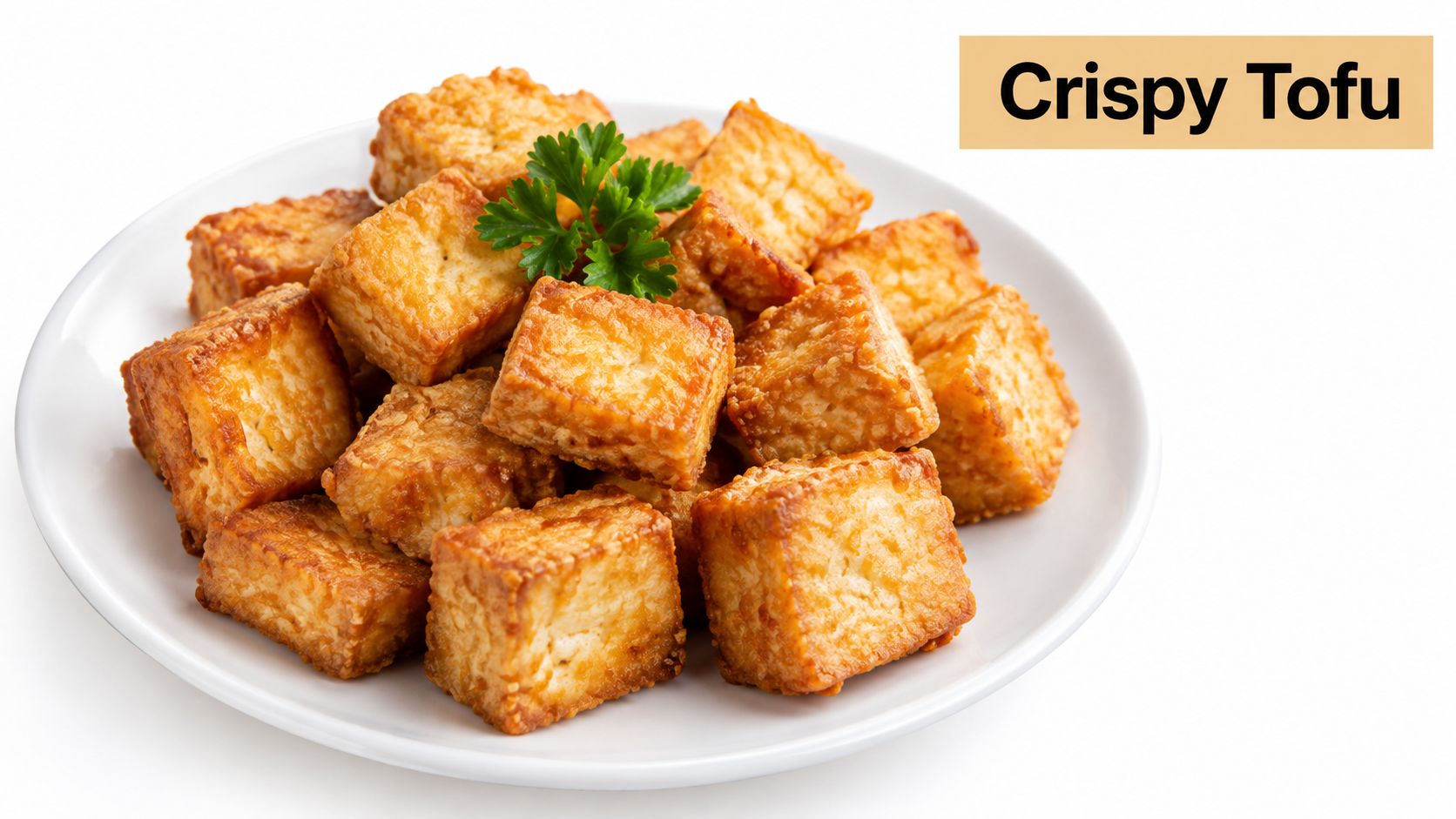 A plate of golden brown crispy fried tofu cubes garnished with a fresh sprig of green parsley.
