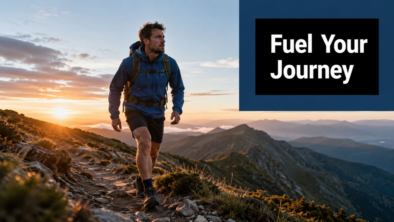 A hiker walks along a mountain trail at sunset with a backpack, overlooking a vast mountain landscape.
