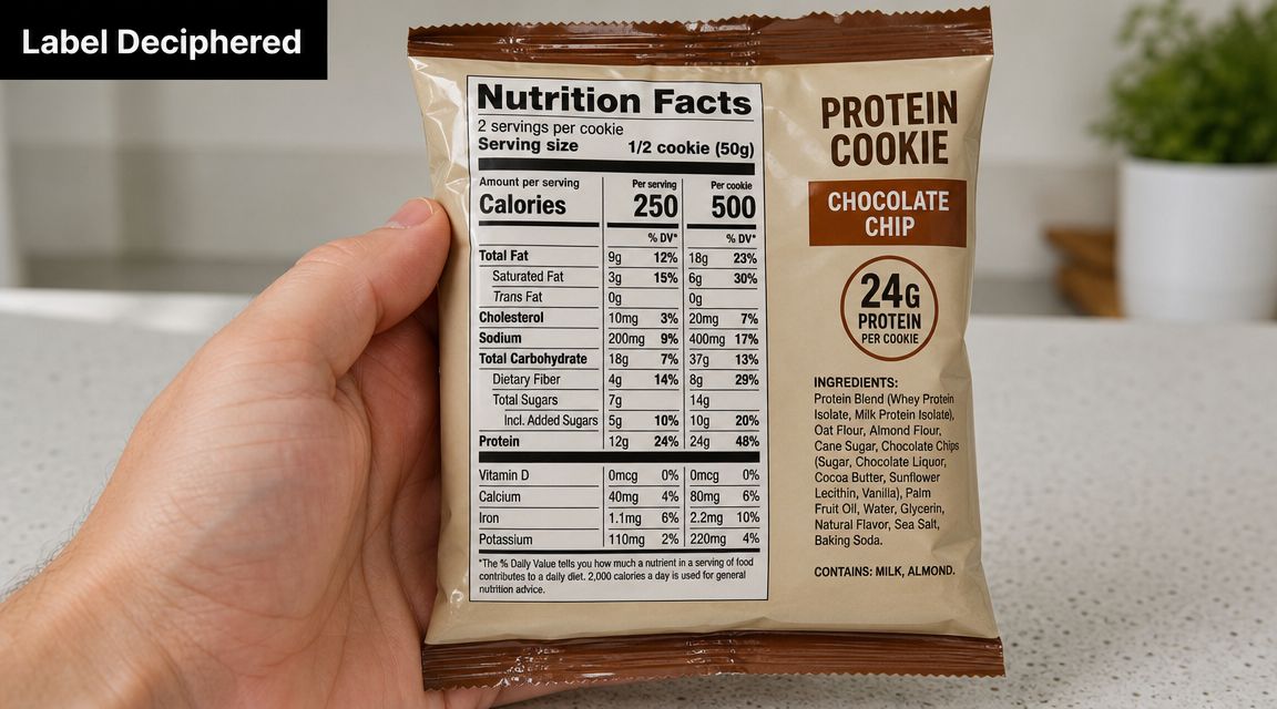 A hand holding a Chocolate Chip Protein Cookie package showing the nutrition facts and ingredients list.