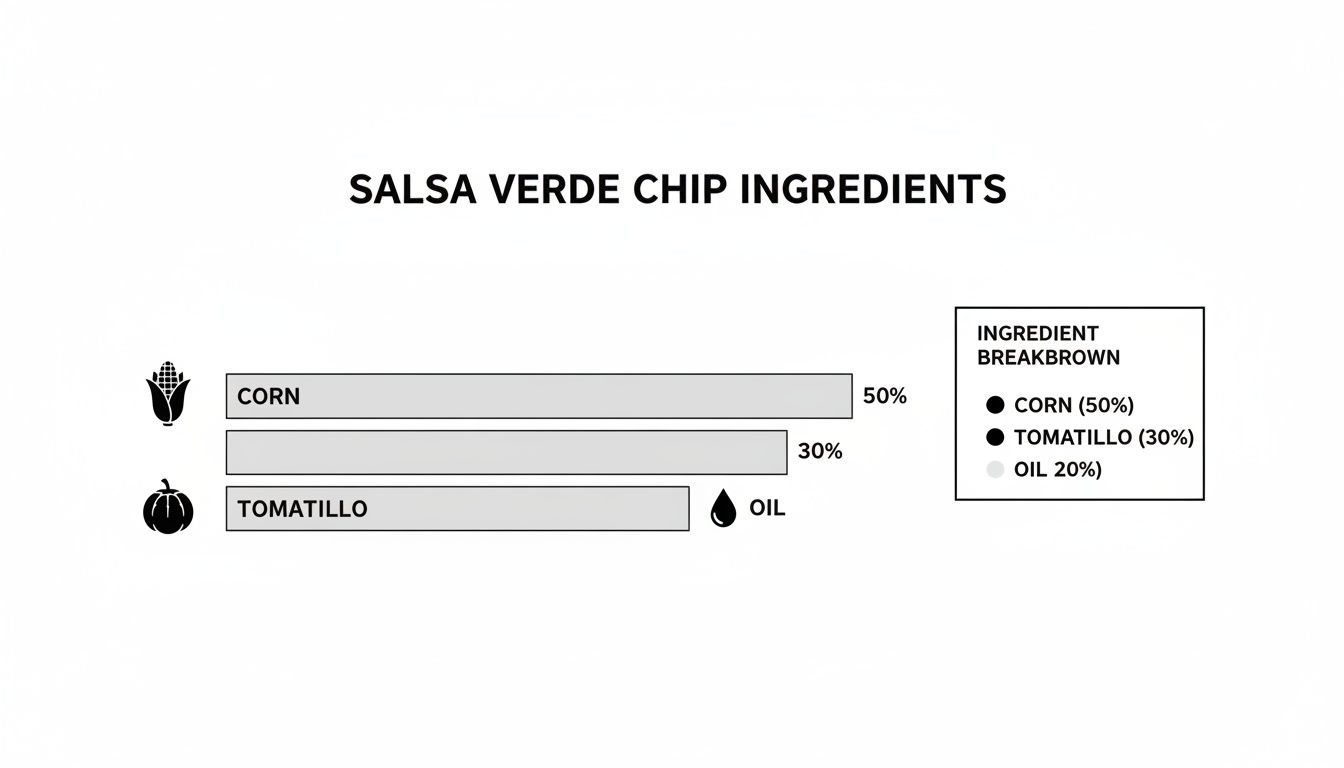 Bar chart illustrating Salsa Verde Chip ingredients: Corn 50%, Tomatillo 30%, Oil 20%.