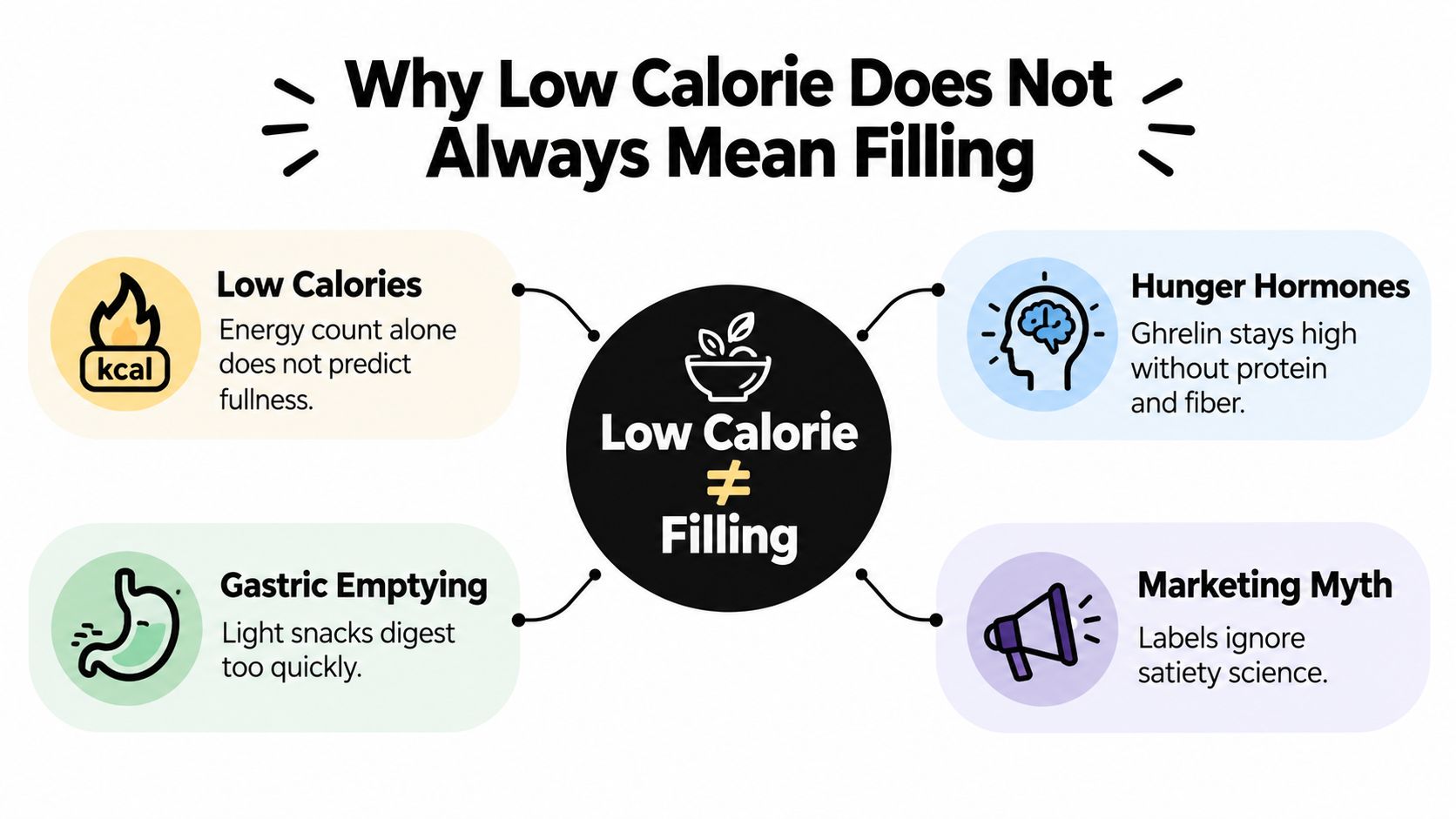 An infographic explaining why low calorie foods are not always filling due to hunger hormones and digestion.