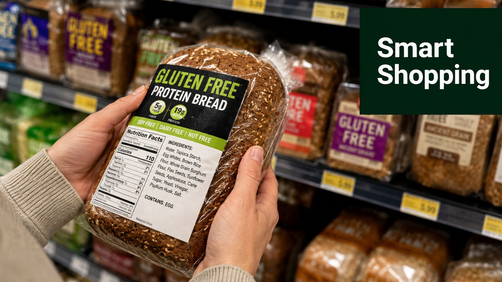 A person holding a loaf of gluten-free protein bread in a supermarket with a nutrition label visible.