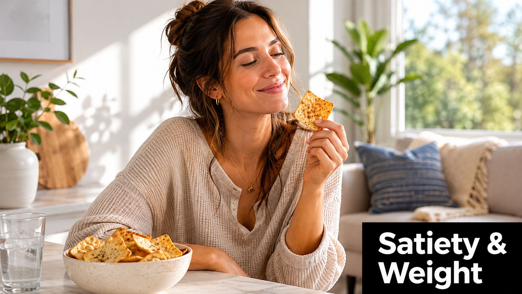 A woman smiling while holding a seasoned cracker, with a bowl of nutritious chips nearby.