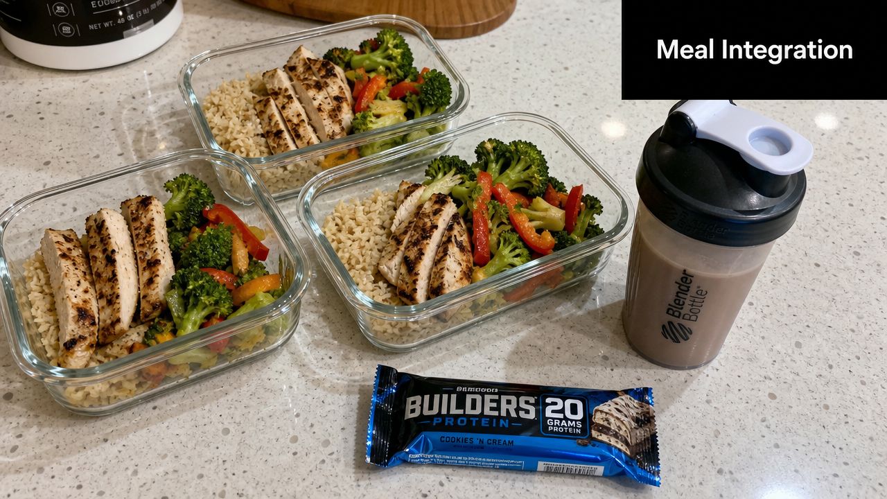 Meal prep containers with grilled chicken, brown rice, and broccoli alongside a protein shake and protein bar.
