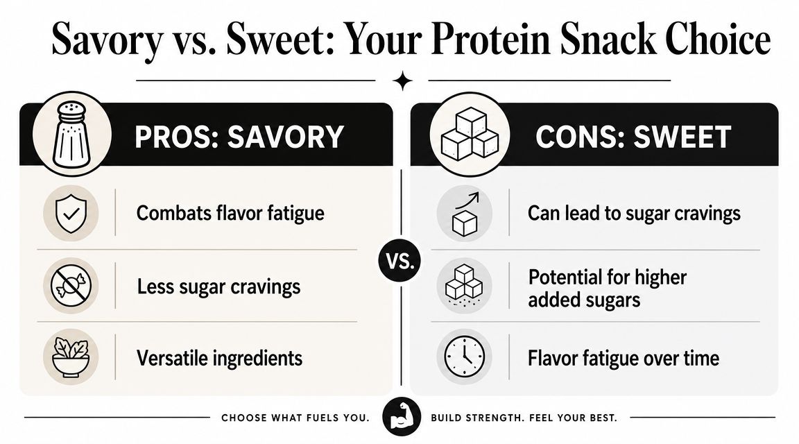 A comparison graphic outlining the pros of savory protein snacks versus the cons of sweet snacks.