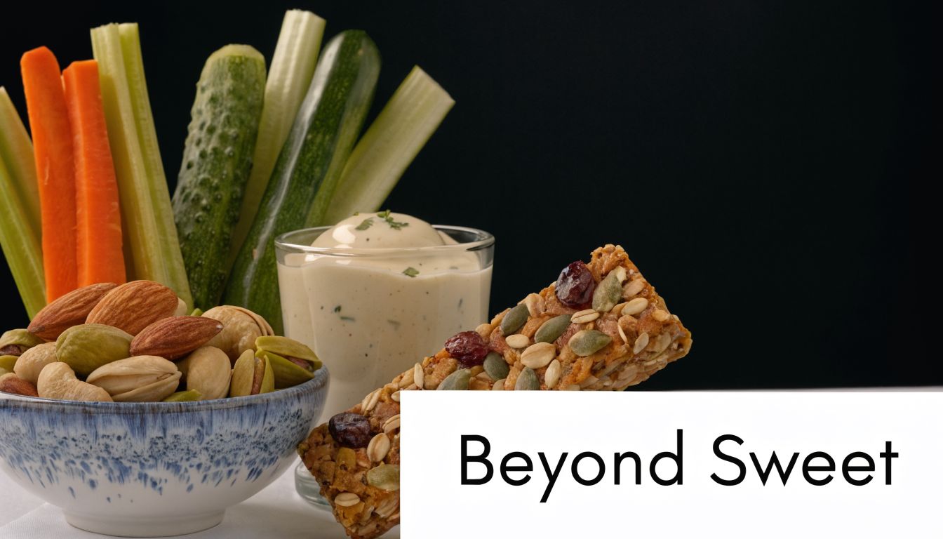 A snack bowl with nuts next to vegetables, dip, and a granola bar labeled Beyond Sweet.