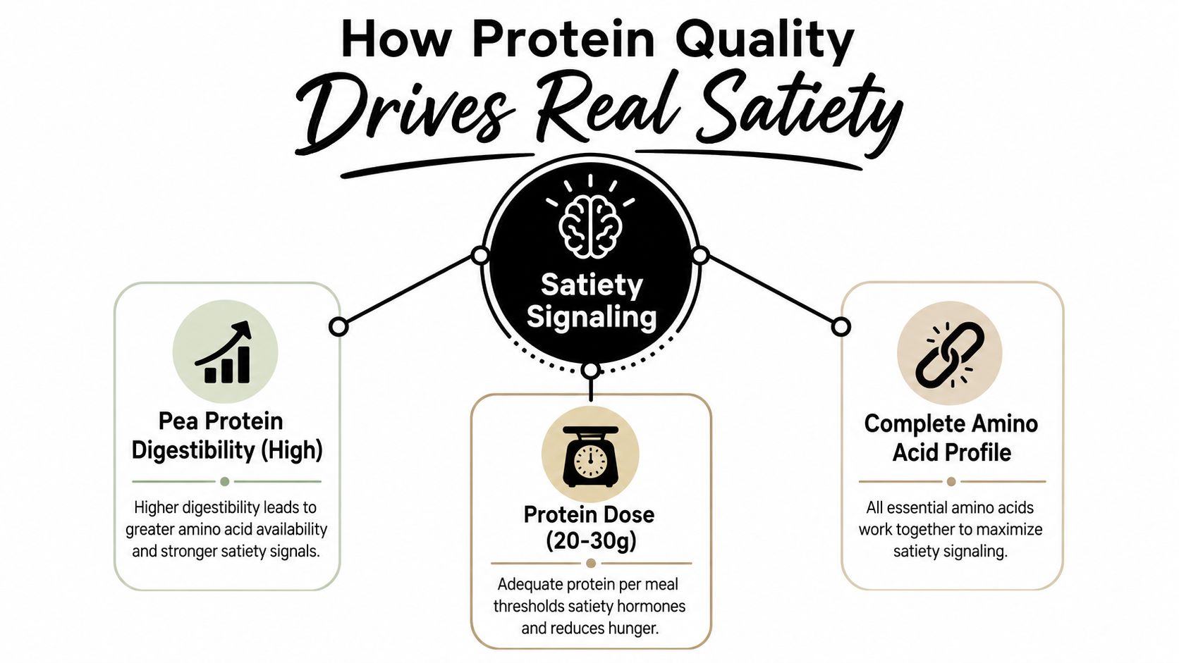 A diagram explaining how protein quality, digestibility, and dosage contribute to effective satiety signaling in the body.