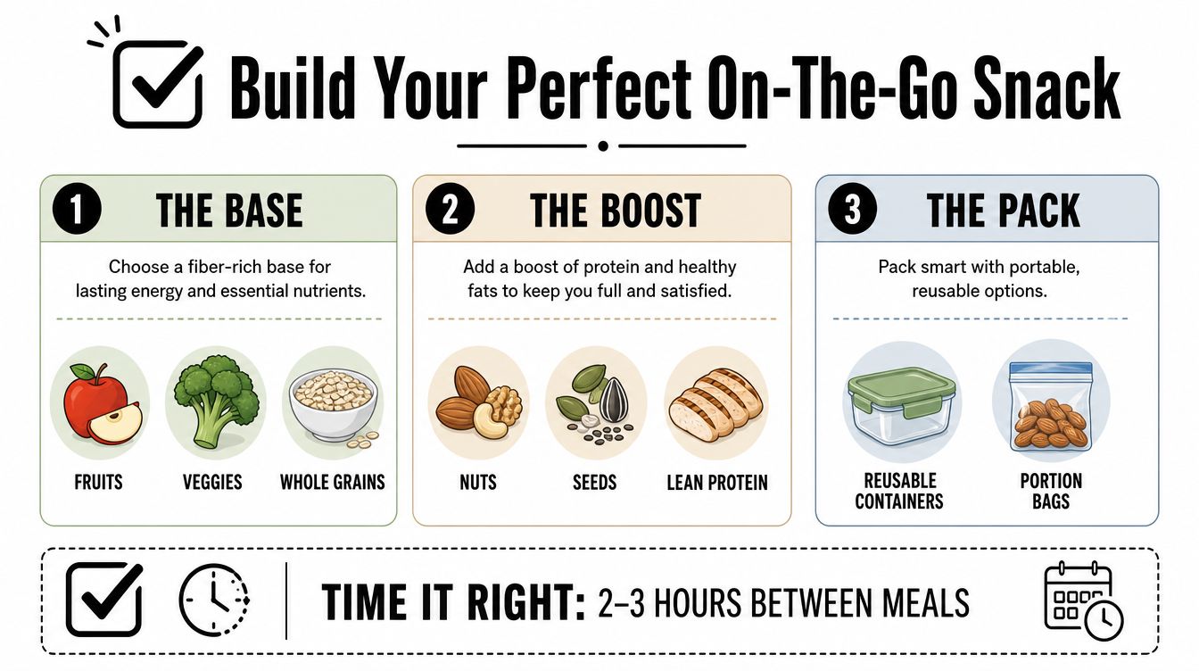 A guide for building a healthy on-the-go snack, featuring three steps: base, boost, and packing tips.