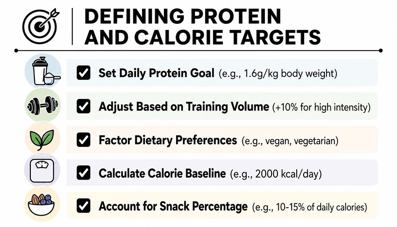 An infographic outlining steps for defining daily protein and calorie targets for a healthy fitness routine.
